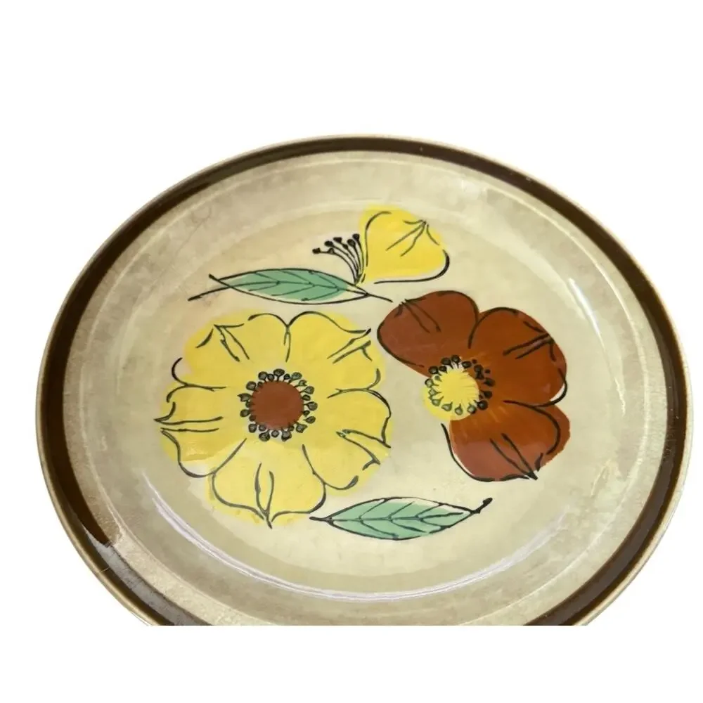 Vintage Hand Painted Stoneware Dinner Plate (3) Floral Design Retro‎ Kitchenware